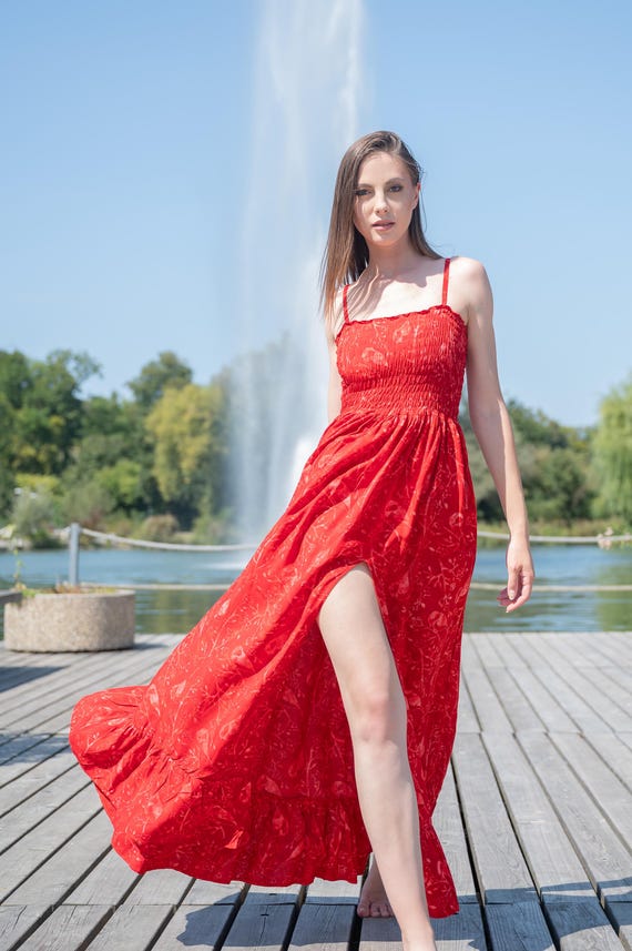Red Batik Maxi Dress: Handmade Smocked Sundress with Slit