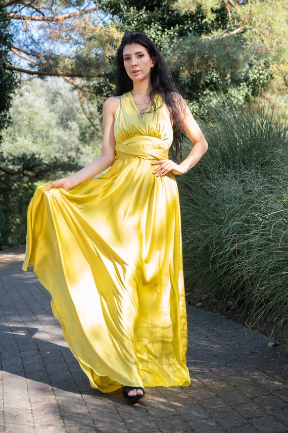 Handmade Yellow Satin Maxi Dress: Halter Neck Backless Formal Gown