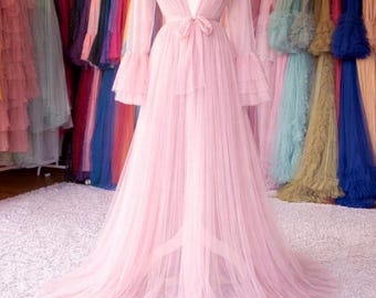 Blush Pink Tulle Robe | Handmade Ruffle Sleeve Boudoir Gown