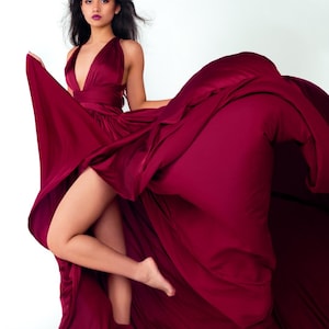 Luxury Burgundy Satin Evening Gown | Elegant Formal Dress | Handmade Flowing Maxi Dress