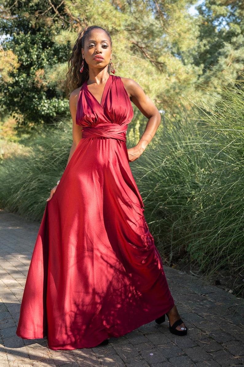 Sexy Halter Neckline Burgundy Satin Long Evening Dress Y721 main image 1