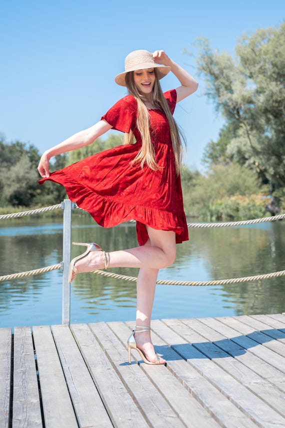 red batik dress Red Batik Short Dress - Flowy Fit, Ruffled Hem, Boho Chic - Summer Beachwear