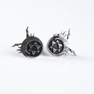 Handcrafted Alchemy Symbol Earrings, Solid 950 Silver Winged Serpent Studs, Dark Occult Hexagram Piercing, Gothic Fantasy Gift for Boyfriend