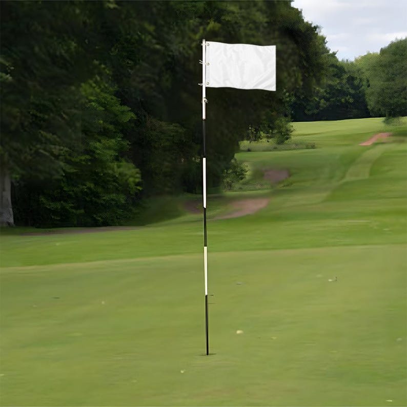 Pu&ograve; includere: Una bandiera da golf bianca semplice fissata a un'asta alta e sottile con strisce orizzontali alternate bianche e nere. La bandiera &egrave; posizionata in verticale al centro di un campo da golf in erba verde con alberi sullo sfondo.