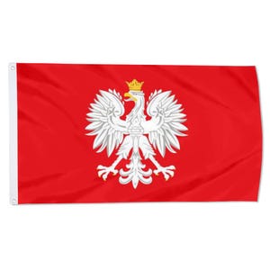 May include: A red flag with the Polish coat of arms, a white eagle wearing a golden crown. The eagle is in the centre of the flag, which has a white border and eyelets for hanging. The flag is made of a lightweight material.