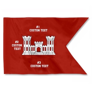 May include: A red flag with a white emblem of a castle and the text "#1 CUSTOM TEXT", "#2 CUSTOM TEXT", and "#3 CUSTOM TEXT". The flag has a triangular cut on the right side.