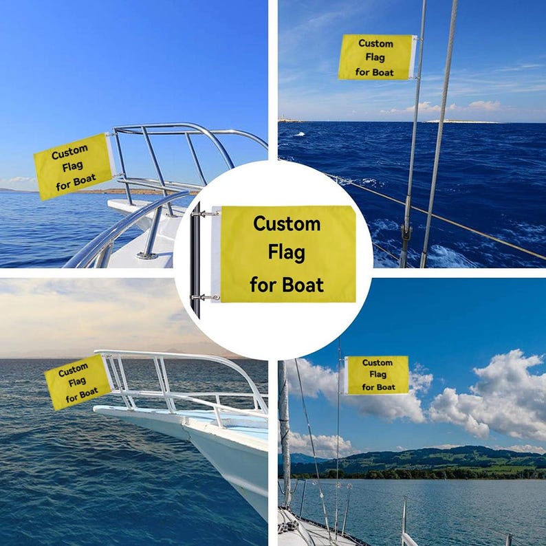 Pode incluir: Bandeiras amarelas personalizadas para barcos com o texto "Custom Flag for Boat" exibidas em v&aacute;rios barcos. As bandeiras retangulares est&atilde;o presas aos barcos, com um c&eacute;u azul e &aacute;gua ao fundo.