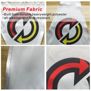 Pode incluir: Bandeira de bandeirola branca com um design de seta preta, vermelha e amarela. A bandeira &eacute; feita de poli&eacute;ster resistente e &eacute; resistente &agrave;s intemp&eacute;ries e ao desbotamento. O texto na bandeira diz "Premium Fabric".