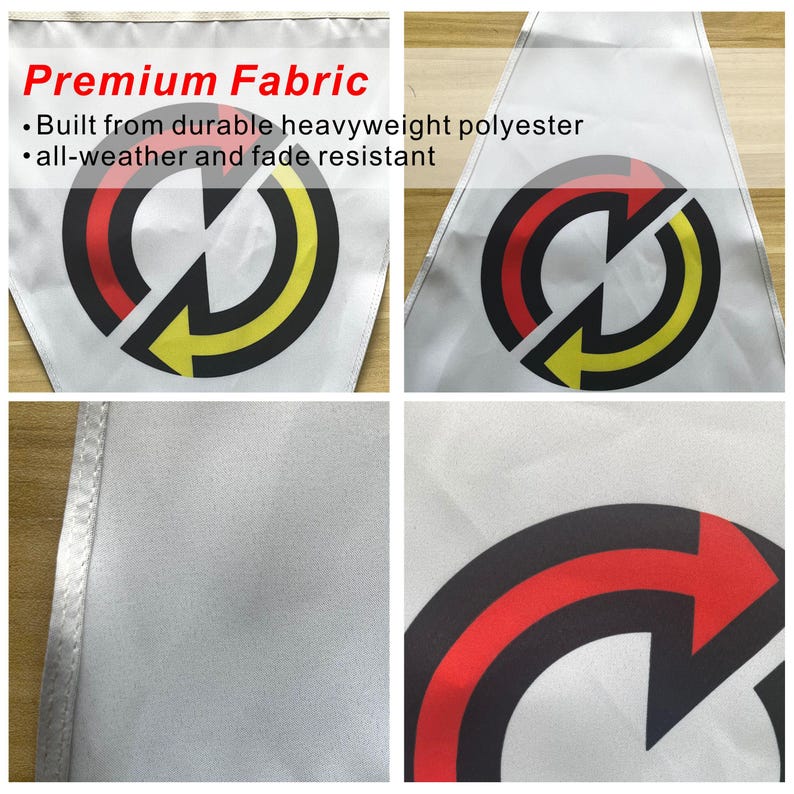 Pode incluir: Bandeira de bandeirola branca com um design de seta preta, vermelha e amarela. A bandeira &eacute; feita de poli&eacute;ster resistente e &eacute; resistente &agrave;s intemp&eacute;ries e ao desbotamento. O texto na bandeira diz "Premium Fabric".