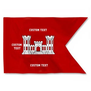 May include: A red flag with a white emblem of a castle and the words "CUSTOM TEXT" in white. The flag has a triangular shape with a cut-out on the right side. The castle emblem is in the center of the flag.