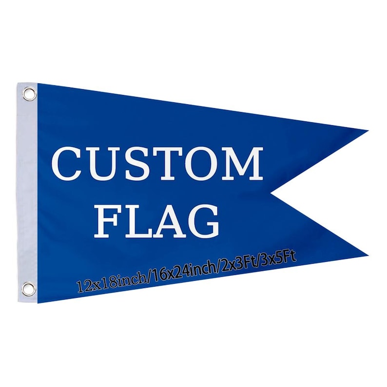 Pode incluir: Uma bandeira azul personalizada com texto branco "CUSTOM FLAG". A bandeira tem uma borda branca no lado esquerdo com dois ilh&oacute;s. Os tamanhos da bandeira s&atilde;o 30x46cm, 41x61cm, 61x91cm e 91x152cm.
