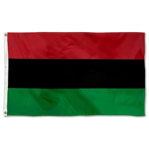 May include: A rectangular flag with three horizontal stripes: red at the top, black in the middle, and green at the bottom. The flag has a white border with grommets for hanging.