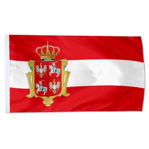 Könnte beinhalten: Rechteckige Flagge mit rotem Hintergrund, weißem horizontalem Streifen und Wappen. Das Wappen zeigt eine goldene Krone, einen goldenen Schild und vier Embleme mit weißen Pferden und Adlern.