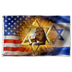 May include: A flag combining the American and Israeli flags, with a golden Star of David at the centre. Inside the star is a lion, a dove, and a lamb. The flag has a detailed, vibrant design.