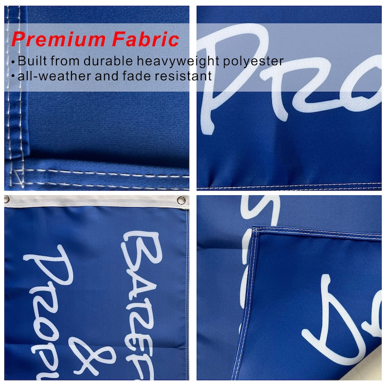 Pode incluir: Uma bandeira azul com texto branco que diz "PRO" e "BAREF & PROPU". A bandeira &eacute; feita de poli&eacute;ster dur&aacute;vel e resistente, resistente &agrave;s intemp&eacute;ries e ao desbotamento. O texto "Premium Fabric" tamb&eacute;m &eacute; vis&iacute;vel.