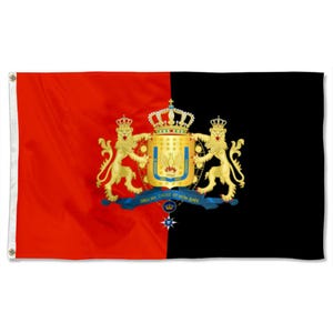 May include: A rectangular flag divided vertically into red and black halves. The centre displays a golden coat of arms, including lions, a crown, and the inscription "DIEU MA CAUSE ET MON EPEE" in blue lettering.