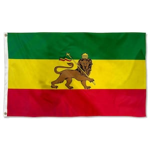 May include: A rectangular flag with horizontal stripes of green, yellow, and red. A brown lion holding a staff with a cross is centered on the yellow stripe. The lion wears a crown. The flag has grommets for hanging.