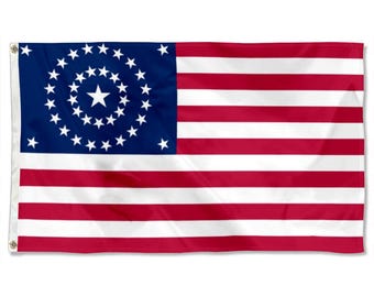 Peut inclure: Un drapeau rectangulaire avec un canton bleu orné d'une étoile blanche centrale entourée d'étoiles blanches plus petites en spirale. Le drapeau présente des rayures horizontales rouges et blanches. Le design est patriotique.
