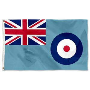 May include: A light blue flag featuring the Union Jack in the upper left corner and a dark blue, white, and red roundel on the right. The flag has grommets for hanging.