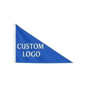 Könnte beinhalten: Blaues dreieckiges Banner mit dem weißen Schriftzug "CUSTOM LOGO". Es hat einen weißen Rand und Ösen zum Aufhängen. Diese Flagge ist wahrscheinlich für geschäftliche oder Werbezwecke.