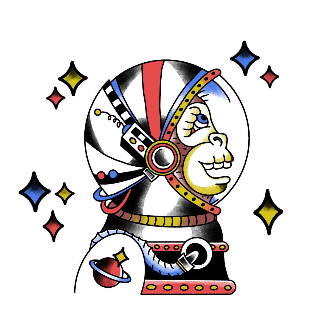 Retro Space Monkey T-shirt | Tattoo Inspired Illustration, Small Chest ...