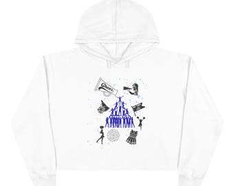 Sudadera corta con capucha ilustrada de un castillo de fantasía / Silueta de castillo, estrellas, temática de aventuras