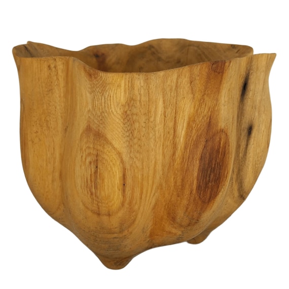 A genuinely one-of-a-kind hand-carved elm bowl with organic wavy edges — the kind of sculptural object that sits on a shelf and stops guests mid-sentence.