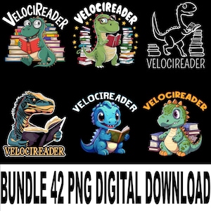 Puede incluir: Un paquete de descarga digital con seis ilustraciones de dinosaurios leyendo libros. Cada dinosaurio es de un color y estilo diferente, con el texto "VELOCIREADER" encima o debajo de cada imagen. La frase "BUNDLE 42 PNG DIGITAL DOWNLOAD" está en la parte inferior.
