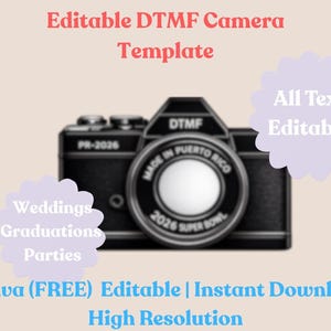 Könnte beinhalten: Schwarze Kameravorlage mit dem Text "Editable DTMF Camera Template". Die Kamera hat ein Objektiv mit der Aufschrift "Made in Puerto Rico 2026 Super Bowl". Zusätzlicher Text enthält "Weddings, Graduations, Parties" und "All Text Editable!"