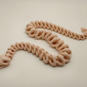 Op de afbeelding: Een licht perzikgekleurde, gelede slangenbeeldhouwwerk. De slang is gemaakt van een reeks verbonden, afgeronde segmenten, met een gedetailleerde schedelvormige kop. De slang is in een gebogen, kronkelende positie geplaatst.