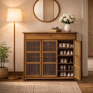 Può includere: Mobile porta scarpe in legno con ante a doghe, che rivela ripiani pieni di scarpe. Uno specchio rotondo è appeso sopra il mobile. Sono visibili anche una lampada da terra e un vaso con fiori bianchi. Il mobile è in legno.