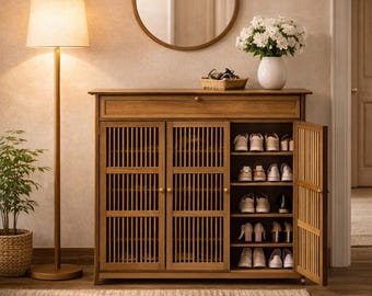 Zapatero de madera de lujo: banco de almacenamiento estrecho para recibidor con puertas de listones, organizador moderno para pasillo, zapatero oculto para espacios pequeños.