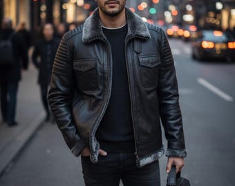 Giacca da uomo in pelle di vacchetta con fodera in shearling – Stile aviatore caldo invernale – Capospalla in vera pelle di vacchetta – Giacca resistente con collo in pelliccia