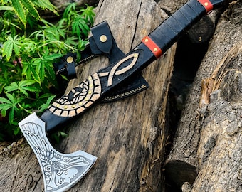 Hacha vikinga artesanal con funda de cuero | Hacha decorativa nórdica grabada | Hacha vikinga | Regalo para hombres | Hacha medieval de colección | HavnBlades