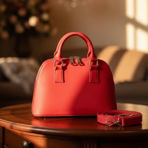 Puede incluir: Un bolso de mano rojo brillante con forma de cúpula, con un asa superior y herrajes plateados. Una correa de hombro roja a juego está al lado del bolso sobre una mesa de madera. El bolso tiene un cierre de cremallera y un diseño estructurado.