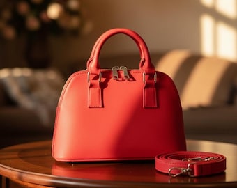Women's Red Leather Mini Dome Handbag | Crossbody Shoulder Bag | Structured Top-Handle Purse | Luxury Small Satchel with Adjustable Strap