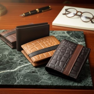 Könnte beinhalten: Eine Auswahl an Ledergeldbörsen in verschiedenen Brauntönen, darunter Hellbraun und Dunkelbraun, mit Krokodilmuster. Die Geldbörsen sind auf einer grünen Marmoroberfläche angeordnet. Ein Stift, eine Brille und ein Notizblock befinden sich im Hintergrund.