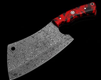 Cuchillo de cocina de acero de Damasco hecho a mano | Cuchillo de chef profesional | Picador de carne y verduras con mango de resina | Regalo de cocina único