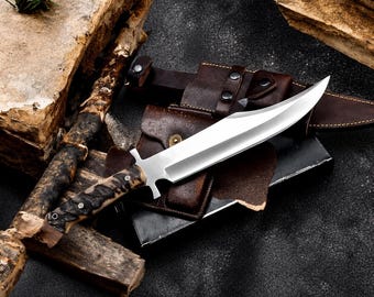 Cuchillo Bowie artesanal con funda de cuero | Cuchillo de hoja fija | Cuchillo de supervivencia personalizado | Regalo ideal para hombres que disfrutan acampando al aire libre | HavnBlades