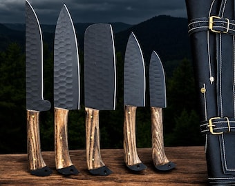 Juego de 5 cuchillos de cocina artesanales con estuche de cuero. Colección de cuchillos de chef forjados con mango de madera. Regalo ideal para chefs. HavnBlades.