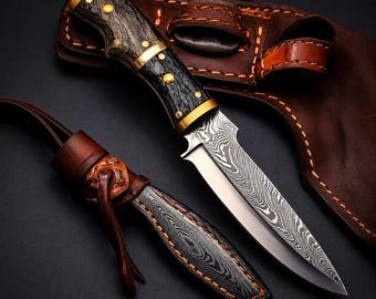 Cuchillo artesanal de acero de Damasco con funda de cuero | Cuchillo de hoja fija personalizado | Cuchillo con mango de madera | Regalo ideal para acampar | HavnBlades