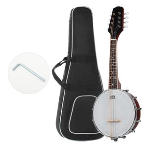 Peut inclure: Un banjo-mandoline avec un étui de transport noir et une clé argentée. Le banjo-mandoline a un manche et un corps en bois, une peau de tambour blanche et des pièces métalliques. L'étui est noir avec des bordures blanches.