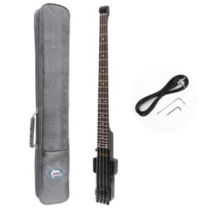 May include: A black electric bass guitar with a dark brown fretboard, a gray carrying case, a black cable, and two Allen wrenches. The bass guitar has a unique headless design and is shown on a white background.