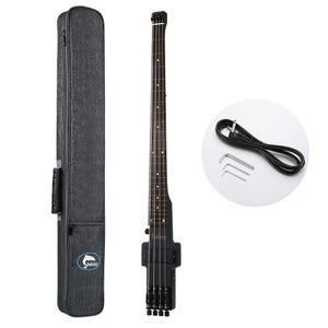 May include: A black fretless bass guitar with a matching grey case, cable, and Allen keys. The bass guitar has a sleek, modern design with four strings and a dark wood fretboard. The case is rectangular with a zip and a handle.
