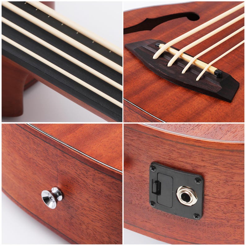 May include: Close-up shots of a wooden acoustic bass guitar. The instrument features four strings, a dark fretboard, and a bridge. The body of the guitar is a warm brown color, with a silver tuning peg and an output jack.