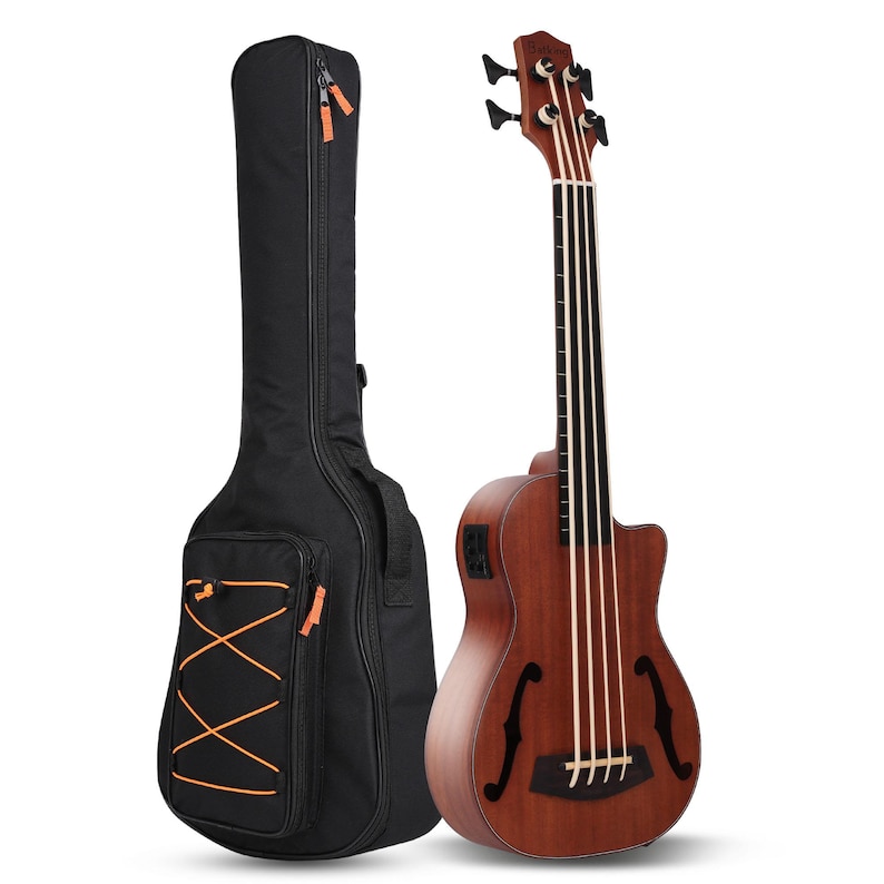 May include: Acoustic-electric bass guitar with a dark wood finish, four strings, and a black gig bag. The bass guitar has a cutaway design and a sound hole. The gig bag is black with orange zipper pulls and a front pocket.