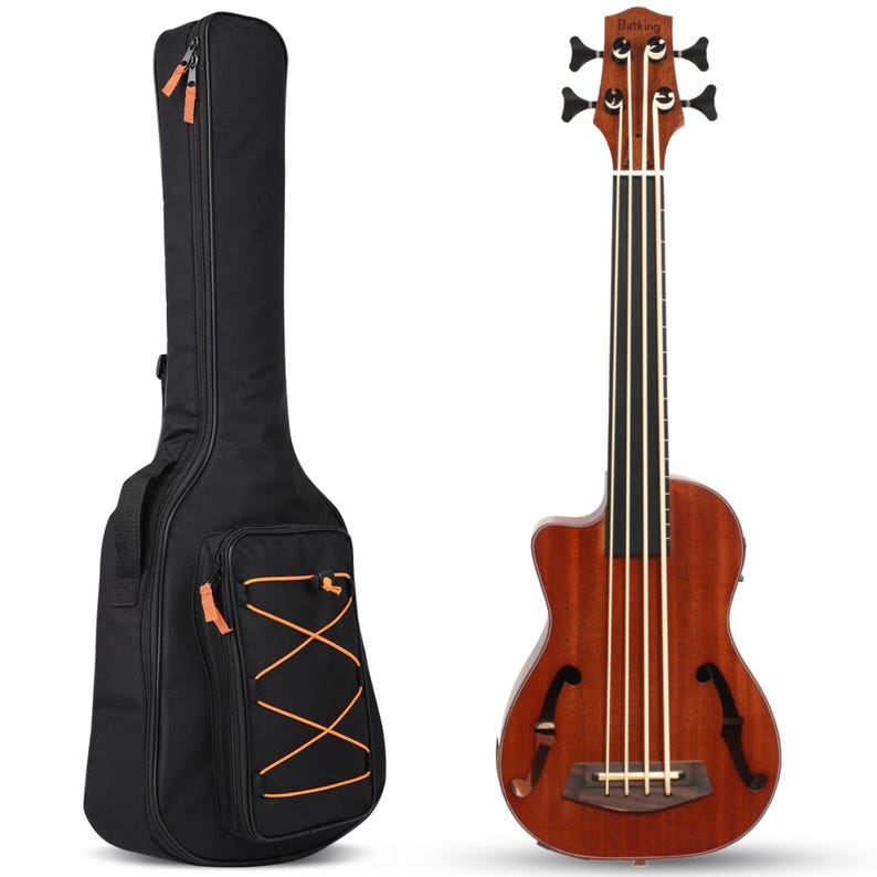 May include: A brown acoustic bass guitar with black strings and a black carrying case. The bass guitar has a cutaway design and a wooden bridge. The carrying case has orange zipper pulls and a front pocket with orange crisscross detailing.