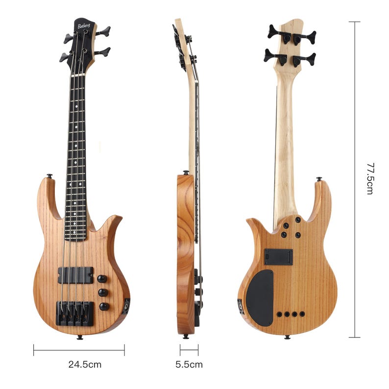 Peut inclure: Une guitare basse &eacute;lectrique marron clair avec des &eacute;l&eacute;ments noirs, pr&eacute;sent&eacute;e sous trois angles. La guitare mesure 77,5 cm de haut et 24,5 cm de large. La t&ecirc;te de manche porte la marque "Belcat".