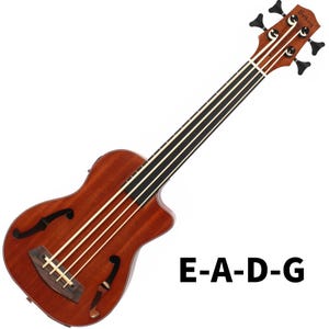 May include: A brown acoustic bass guitar with four strings and a cutaway design. The headstock has the brand name "Batking". The body features f-holes and a wooden bridge. The text "E-A-D-G" is displayed on the lower right.
