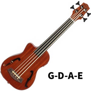 May include: A brown acoustic bass ukulele with four strings and a wooden body. The headstock has the brand name "Batking" and four black tuning pegs. The fretboard is black with white lines. The text "G-D-A-E" is printed on the lower right.